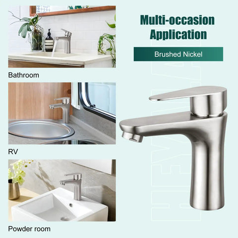 Brushed Nickel Single Handle Bathroom Faucet Heavy Duty Cold Water Design With Rock Solid Stainless Steel Build And Rust Proof Finish in various settings.