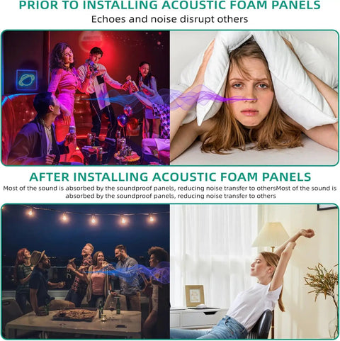 Comparison showing before and after High Density Egg Crate Acoustic Foam Panels for walls, reducing noise and echo in rooms.