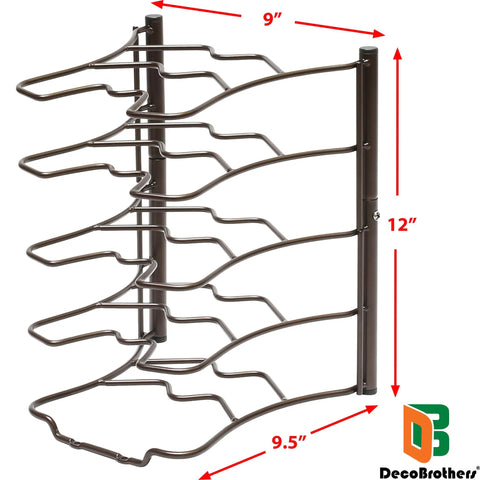 Keep Your Cookware On Deck With This Heavy Duty Pan Organizer Rack Bronze Finish Free Standing Lid Holder Metal Shelf For Cabinets Counters Effortless Setup, 9 x 9.5 x 12 inches.