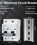 Two Pole 80 Amp AC Circuit Breaker For 120V Or 240V With DIN Rail Mount Built Tough Smart Solar Disconnect Switch Compatible Flame Retardant Thermoset Shell Large Interface Visualization Window Fast Short Circuit Trip, shown with installation dimensions and thermal magnetic type detail.