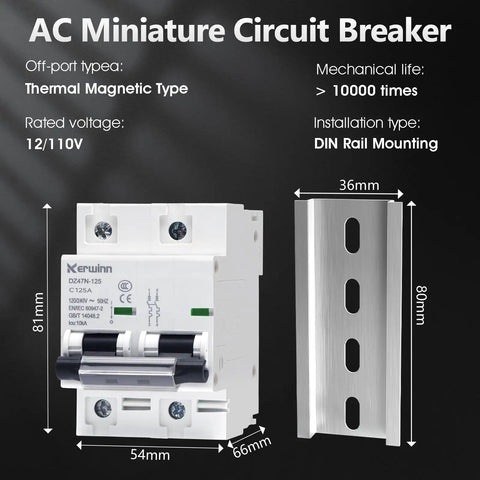 Two Pole 80 Amp AC Circuit Breaker For 120V Or 240V With DIN Rail Mount Built Tough Smart Solar Disconnect Switch Compatible Flame Retardant Thermoset Shell Large Interface Visualization Window Fast Short Circuit Trip, shown with installation dimensions and thermal magnetic type detail.