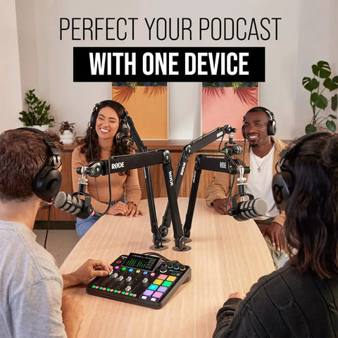 Group using All In One Podcast And Streaming Studio For Creators With Built In Mixer And USB Audio Interface at table.