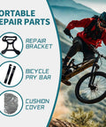 Portable Bike Repair Stand Kit For Bicycles And E Bikes With Maintenance Brackets Pry Bars Cushion Cover shown with mountain biker