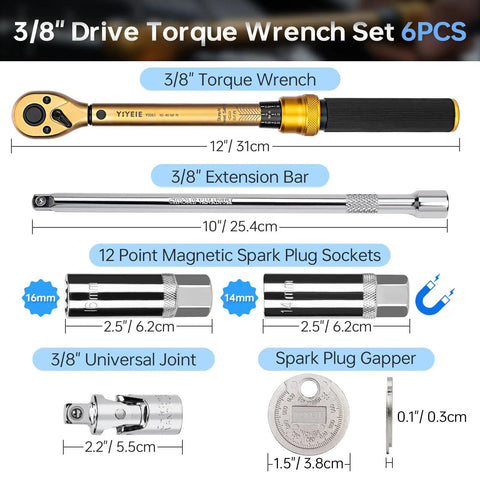 Three Eighth Inch Drive Torque Wrench Set With Magnetic 12 Point Spark Plug Sockets 14Mm And 16Mm Spark Plug Gap Tool