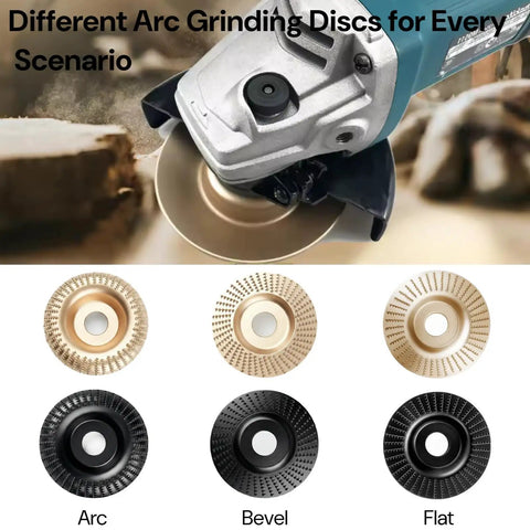 7 Piece Angle Grinder Wood Carving Disc Set for Four Inch or Four and a Half Inch Grinders with Five Eighth Inch Arbor displayed