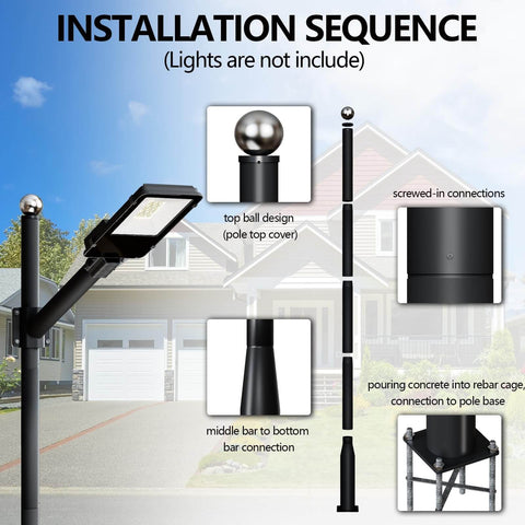 Installation process of 16 Foot Tall Solar Street Light Pole With Adjustable Modular Sections featuring rebar cage base.