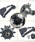 Spring Loaded Chain Tensioner Kit for 49cc 50cc 66cc 80cc 2 Stroke Motorized Bicycle Black With Roller Iron Wheel Included Replacement Part Direct Fit For Common Gas Powered Bikes, shown with iron wheel and bolts