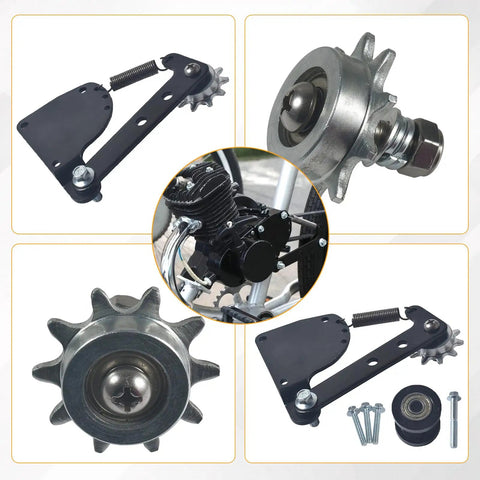 Spring Loaded Chain Tensioner Kit for 49cc 50cc 66cc 80cc 2 Stroke Motorized Bicycle Black With Roller Iron Wheel Included Replacement Part Direct Fit For Common Gas Powered Bikes, shown with iron wheel and bolts