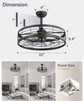 Dope Industrial Caged Ceiling Fan With Light And Remote 22 Inch Black Farmhouse Fixture dimensions and room setup illustration.