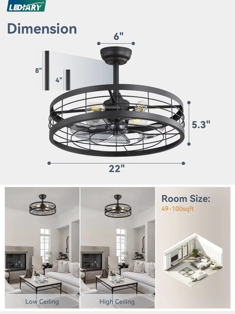 Dope Industrial Caged Ceiling Fan With Light And Remote 22 Inch Black Farmhouse Fixture dimensions and room setup illustration.
