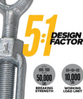 Rock Solid Five Pack Jaw And Jaw Turnbuckles One Inch By 24 Inches Rated For Ten Thousand Pounds showing design factor and strength ratings.