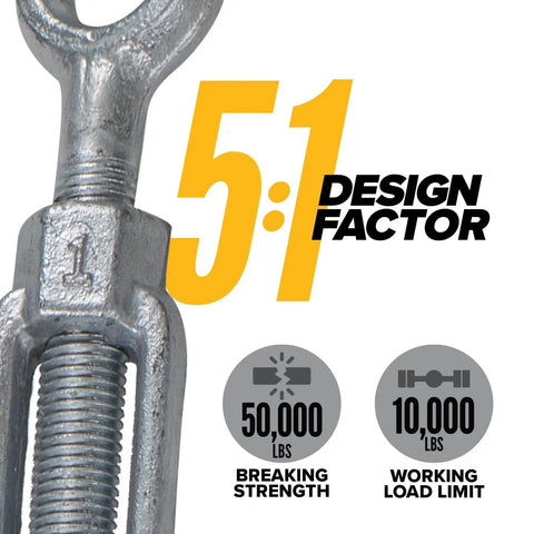 Rock Solid Five Pack Jaw And Jaw Turnbuckles One Inch By 24 Inches Rated For Ten Thousand Pounds showing design factor and strength ratings.