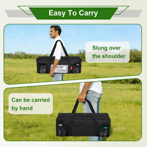Person carrying Grill Tool Organizer Bag For 24 Inch Spatulas Tongs And More, Heavy Duty Storage Case with pockets and shoulder strap