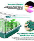 Seed Starter Tray With Grow Light Kit showing embedded lamp, seedlings, and adjustable humidity ventilation holes for home growing.