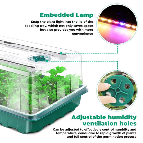 Seed Starter Tray With Grow Light Kit showing embedded lamp, seedlings, and adjustable humidity ventilation holes for home growing.