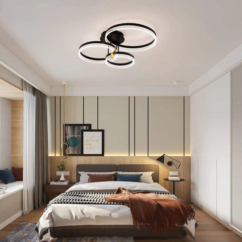 Modern LED Ceiling Light With Remote Control, Dimmable Acrylic Ring Chandelier in bedroom, two ring black flush mount fixture
