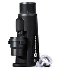 Premium Electric Coffee Grinder With 48MM Conical Burrs angled view, featuring durable black aluminum body and conical burrs.