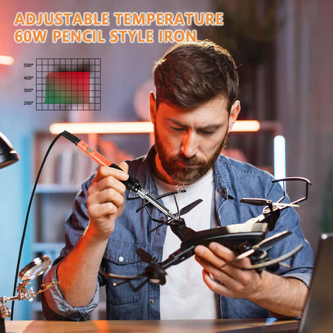 Man using 60W 110V Adjustable Temperature Soldering Iron Pen Workhorse Pro Grade Portable Welding Tool in electronics repair.