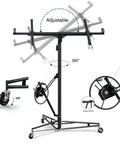 16 Foot Heavy Duty Drywall Lift And Rolling Panel Hoist, 150 Lb Capacity Telescopic Jack showing adjustable 360-degree arm and brake winch.