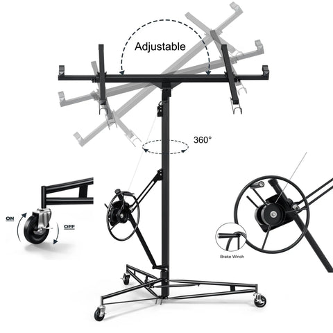 16 Foot Heavy Duty Drywall Lift And Rolling Panel Hoist, 150 Lb Capacity Telescopic Jack showing adjustable 360-degree arm and brake winch.