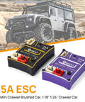 Beefy 25A Waterproof Micro Brushed ESC for SCX24 1x24 and TRX4M 1x18 RC Crawlers in black and purple housings.