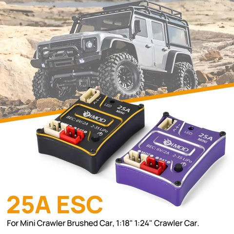 Beefy 25A Waterproof Micro Brushed ESC for SCX24 1x24 and TRX4M 1x18 RC Crawlers in black and purple housings.