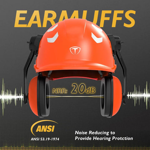 Orange helmet with 20dB earmuffs, labeled ANSI S3.19, for 5 In 1 Chainsaw Helmet With Face Shield Ear Muffs Anti Fog Goggles And Mesh Shield.