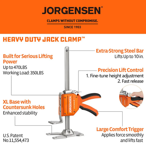 Jorgensen 470 Lb Cabinet Jack Clamp Lifting Tool with ergonomic handle and steel bar, lifting up to 10 inches for woodworking tasks.