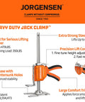 Heavy Duty Jack Clamp with orange handle, 470 lb lift capacity, ideal for woodworking, features precision lift control.