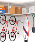 Thickened Bike Hooks For Garage Ceiling Rack Heavy Duty Overhead Storage Hangers Holds Up To 50 Lb installed with bikes and surfboard hanging