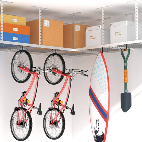 Thickened Bike Hooks For Garage Ceiling Rack Heavy Duty Overhead Storage Hangers Holds Up To 50 Lb installed with bikes and surfboard hanging