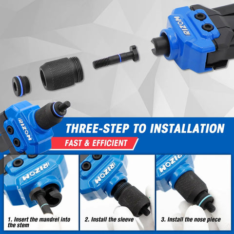 Three-step installation of Rivet Nut Tool Kit, 16 Inch Rivnut Tool With 13 Metric And SAE Mandrels, close-up of assembly steps.