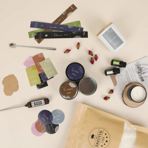 Beginner Friendly DIY Soy Candle Making Kit With Melting Pot, 10 Jars And Tins, 10 Scents, Color Dyes, Flowers, and Tools Displayed