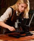 Woman using 1.5 Ton Leather Die Cutting Machine With 12x9cm Leather Hand Press And Adjustable Pressure Stroke Includes 39 Piece Punch Tool Set