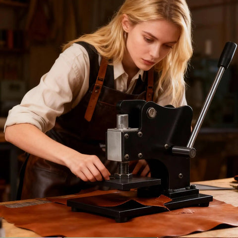 Woman using 1.5 Ton Leather Die Cutting Machine With 12x9cm Leather Hand Press And Adjustable Pressure Stroke Includes 39 Piece Punch Tool Set