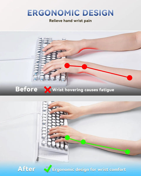 Comparison of hand positioning before and after using Clear Acrylic Keyboard Stand For Desktop With Built In Wrist Rest Ergonomic Tilted Elevated Keyboard Tray Holder Riser For Office Home And Desk Setup To Relieve Wrist And Arm Strain.