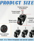 1 Inch Swivel Caster Wheels Set Of 4 With M6 Threaded Rods showing dimensions and specifications for smooth glide on surfaces.