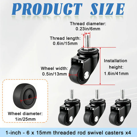 1 Inch Swivel Caster Wheels Set Of 4 With M6 Threaded Rods showing dimensions and specifications for smooth glide on surfaces.