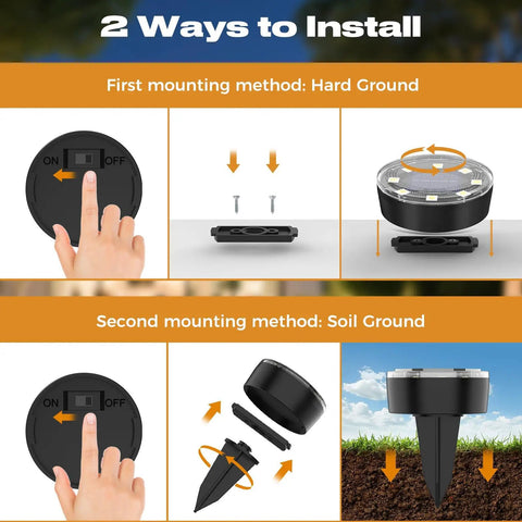 Instructions showing two installation methods for 12 Pack Solar Ground Lights Low Profile Flat Disc LED Pathway Lights Outdoor Waterproof.