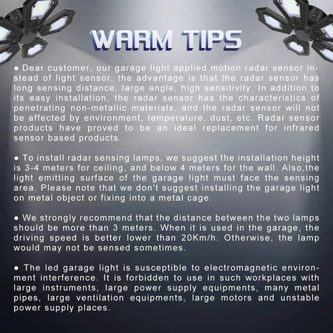 Information panel featuring tips for installing 2 Pack Motion Sensor Garage Light 150W 15000LM LED Ceiling Fixture with 5 panels