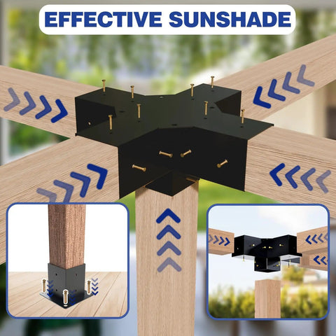 Beefy 5 Way Pergola Bracket Set for Outdoor 4x4 Pergolas, Powder Coated, with 3.5x3.5 Inch Size, Installed on Wooden Post