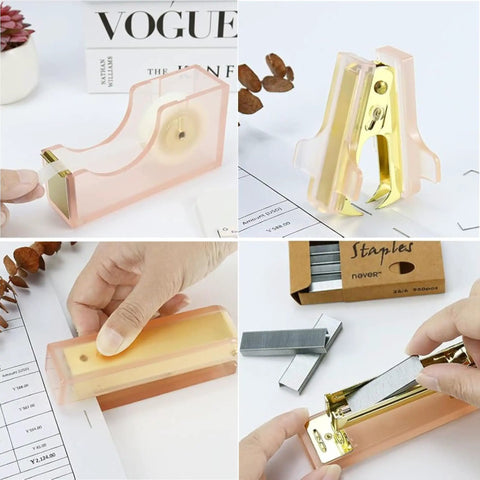 Pink Stapler And Tape Dispenser Set With Acrylic Desktop Organizer Dope Desk Setup Kit displayed with all components visible