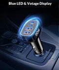 90W 4 Port USB C Car Charger With 3Ft Cable Ultra Fast PD 3.0 Charging Hub shown in car outlet with blue LED
