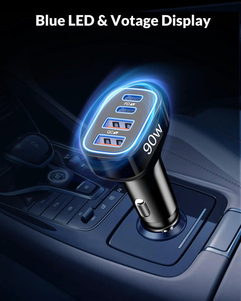 90W 4 Port USB C Car Charger With 3Ft Cable Ultra Fast PD 3.0 Charging Hub shown in car outlet with blue LED