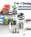 7 Pack Adhesive Shower Caddies With 24 Hooks Rustproof Stainless Steel Bathroom Shelves No Drill All In One Organizer Large Capacity with bottles, plants, and razors displayed