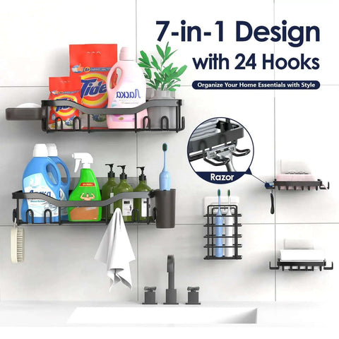 7 Pack Adhesive Shower Caddies With 24 Hooks Rustproof Stainless Steel Bathroom Shelves No Drill All In One Organizer Large Capacity with bottles, plants, and razors displayed