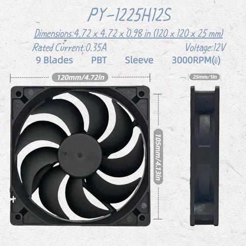 Front and side view of Beefed Up Replacement 3 Pin 9 Blade 12V DC Brushless Ice Maker Fan Upgrade For PY-1225H12S