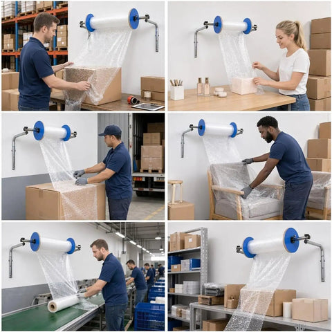 Heavy Duty Wall Mounted Bubble Wrap Dispenser And No Sweat Cushion Foam Stand For Fast Pack Ship Routines And Small Business Shipping Supply Organization with users packing items.