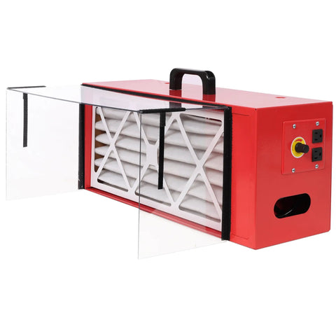 Hella Compact Tabletop Dust Collector Featuring Smart Dual Layer Air Filtration, red benchtop model with transparent filter cover.