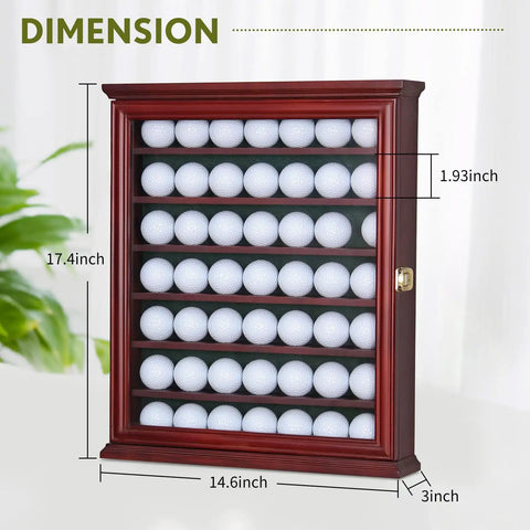 7 Shelf Golf Ball Display Case With Solid Pine Wood And Lockable Glass Door UV Protected dimensions shown with 49 golf balls